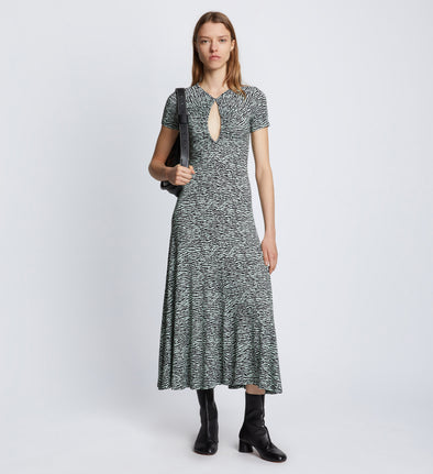 Front full length image of model wearing Slinky Jersey Keyhole Dress in BLACK/WHITE/JADE