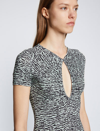 Detail image of model wearing Slinky Jersey Keyhole Dress in BLACK/WHITE/JADE