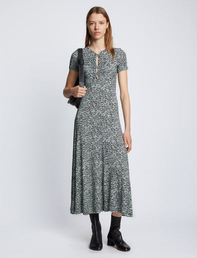 Front full length image of model wearing Slinky Jersey Keyhole Dress in BLACK/WHITE/JADE with keyhole fastened