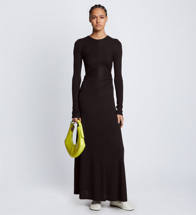 Front full length image of model wearing Long Sleeve Jersey Open Back Dress in BLACK