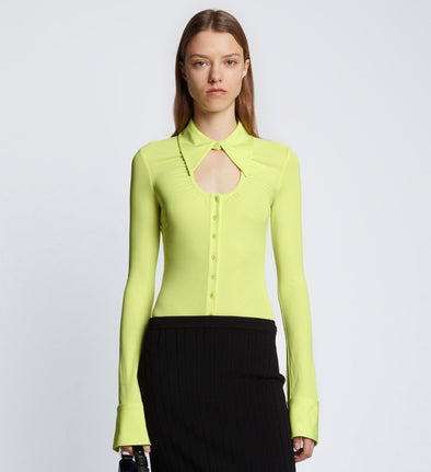 Front cropped image of model wearing Long Sleeve Jersey Keyhole Top in LIME