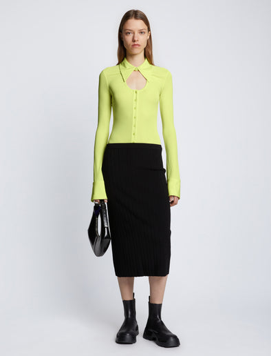 Front full length image of model wearing Long Sleeve Jersey Keyhole Top in LIME