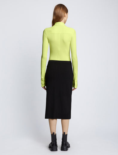 Back full length image of model wearing Long Sleeve Jersey Keyhole Top in LIME