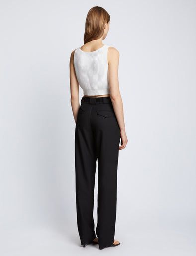 Back full length image of model wearing Ribbed Cotton Cropped Sweater in OFF WHITE