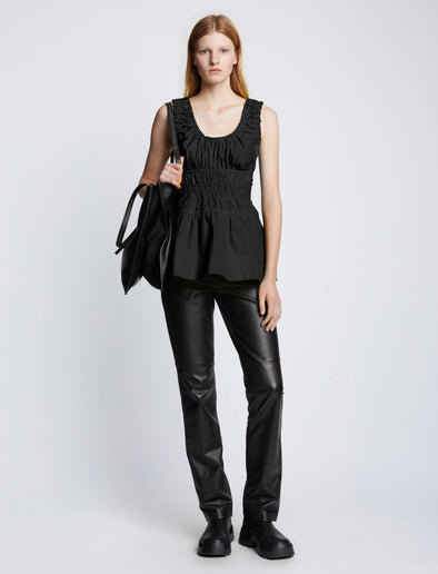 Front full length image of model wearing Poplin Gathered Tank Top in BLACK