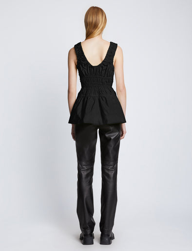 Back full length image of model wearing Poplin Gathered Tank Top in BLACK