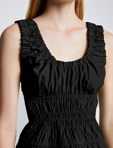 Detail image of model wearing Poplin Gathered Tank Top in BLACK