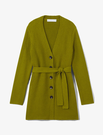 Still Life image of Ribbed Cotton Relaxed Cardigan in LEAF with belt tied in front