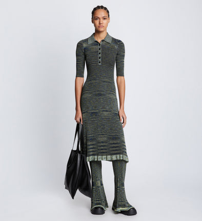 Front full length image of model wearing Space Dye Rib Knit Polo Dress styled over Space Dye Rib Knit Pant in NAVY/LIME/BLACK