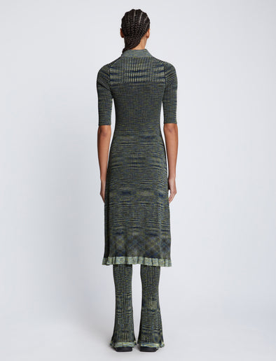Back full length image of model wearing Space Dye Rib Knit Polo Dress in NAVY/LIME/BLACK