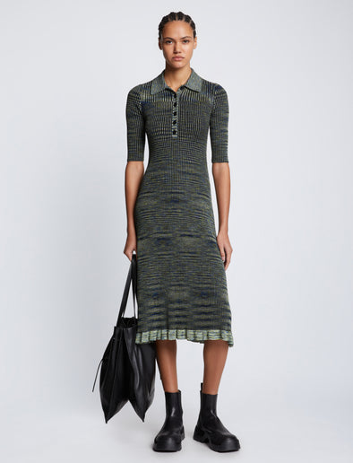 Front full length image of model wearing Space Dye Rib Knit Polo Dress in NAVY/LIME/BLACK