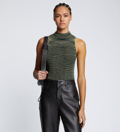 Front cropped image of model wearing Space Dye Rib Knit Tank Top in NAVY/LIME/BLACK