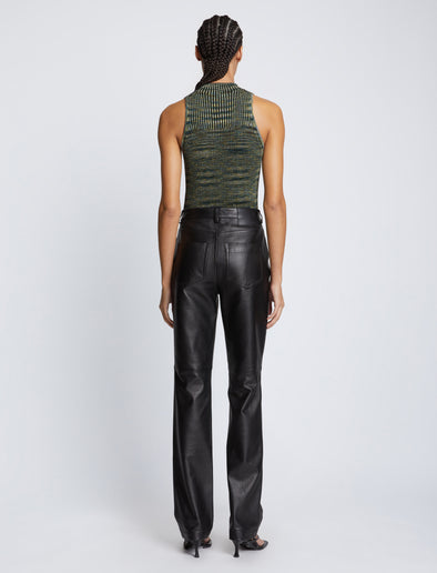 Back full length image of model wearing Space Dye Rib Knit Tank Top in NAVY/LIME/BLACK