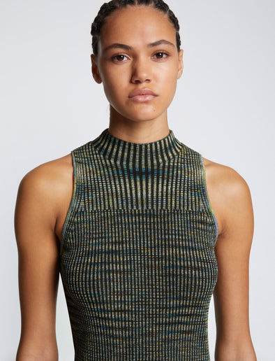 Detail image of model wearing Space Dye Rib Knit Tank Top in NAVY/LIME/BLACK
