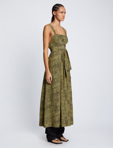 Side full length image of model wearing Viscose Flou Wrap Dress in BLACK/MATCHA