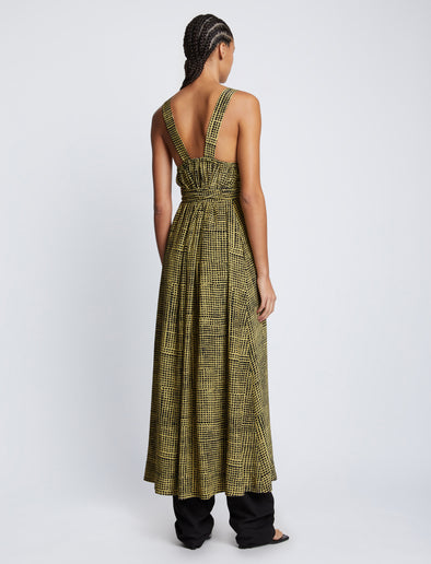 Back full length image of model wearing Viscose Flou Wrap Dress in BLACK/MATCHA