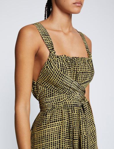 Detail image of model wearing Viscose Flou Wrap Dress in BLACK/MATCHA
