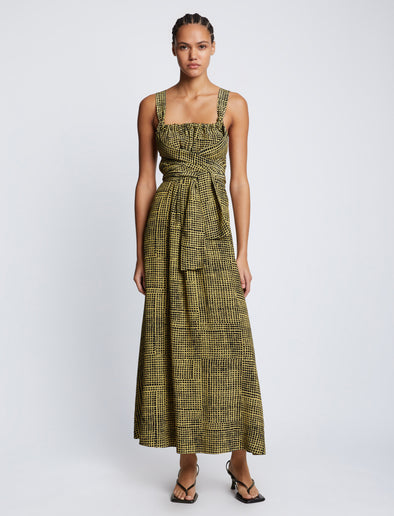 Front full length image of model wearing Viscose Flou Wrap Dress in BLACK/MATCHA with belt tied in front