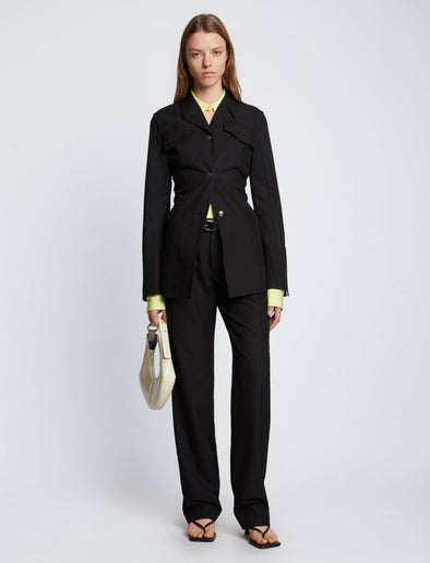 Front full length image of model wearing Drapey Suiting Jacket in BLACK