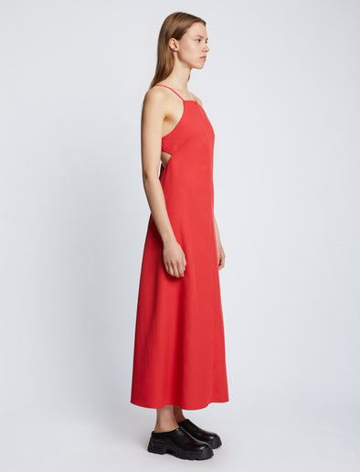 Side full length image of model wearing Drapey Suiting Cut Out Dress in CHERRY