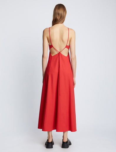 Back full length image of model wearing Drapey Suiting Cut Out Dress in CHERRY