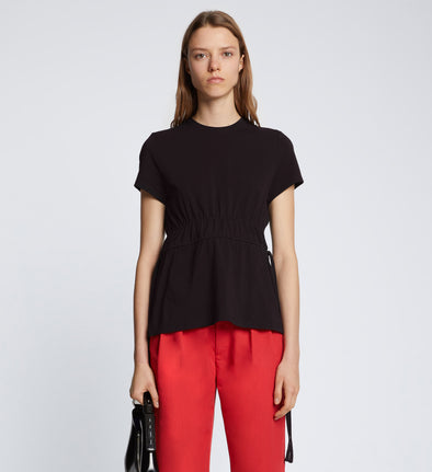 Front cropped image of model wearing Ruched Side Tie T-Shirt in BLACK
