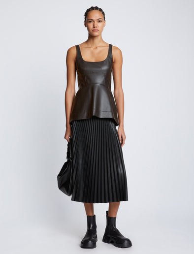 Front full length image of model wearing Faux Leather Bustier Top in BLACK