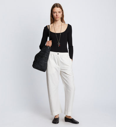 Front full length image of model wearing Solid Cotton Linen Easy Pants in OFF WHITE