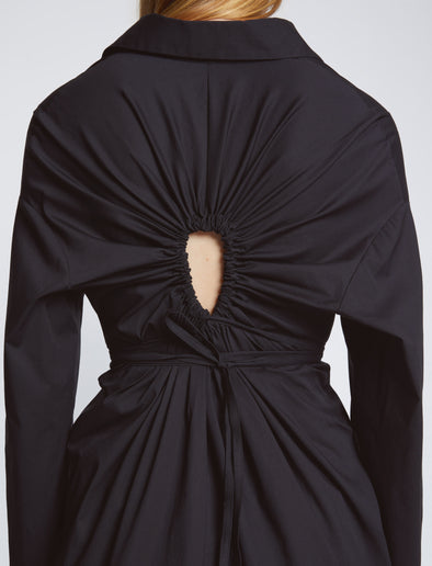 Detail image of model wearing Soft Poplin Button Down Shirt Dress in BLACK