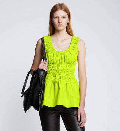 Front cropped image of model wearing Poplin Gathered Tank Top in GREEN APPLE