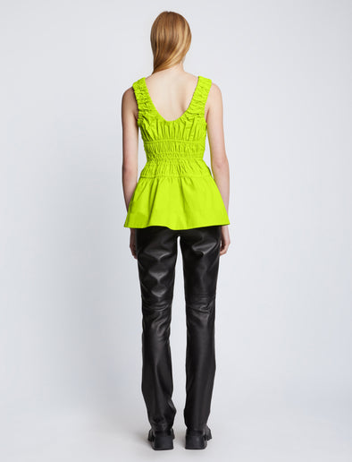 Back full length image of model wearing Poplin Gathered Tank Top in GREEN APPLE