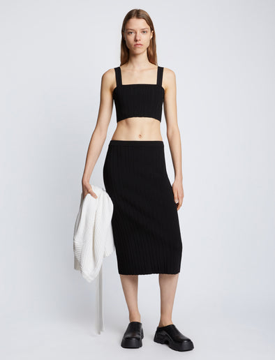 Front full length image of model wearing Pointelle Rib Bralette in BLACK
