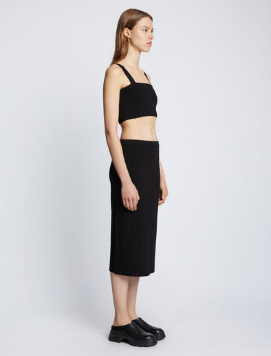 Side full length image of model wearing Pointelle Rib Bralette in BLACK