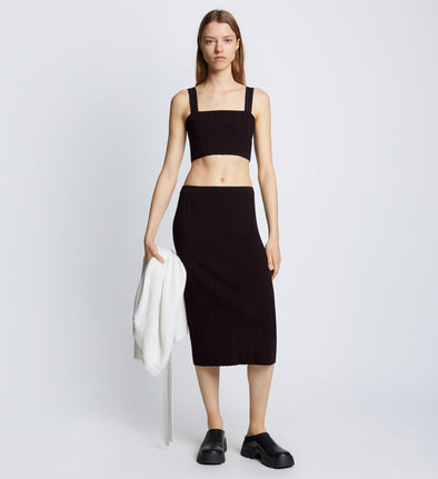 Front full length image of model wearing Pointelle Rib Knit Skirt in BLACK