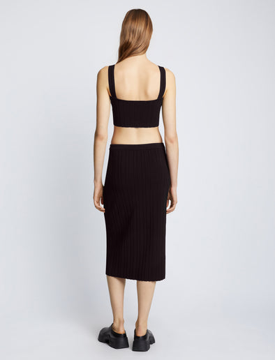 Back full length image of model wearing Pointelle Rib Knit Skirt in BLACK