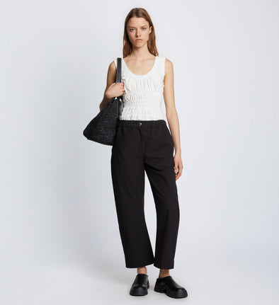 Front full length image of model wearing Solid Cotton Linen Easy Pants in BLACK