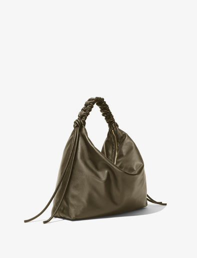 Side image of Large Drawstring Shoulder Bag in OLIVE