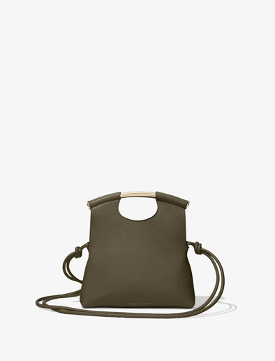 Front image Small Bar Bag in OLIVE with shoulder strap down and handles up