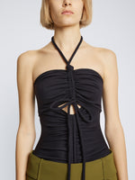 Detail image of model wearing Compact Jersey Ruched Bodysuit in BLACK