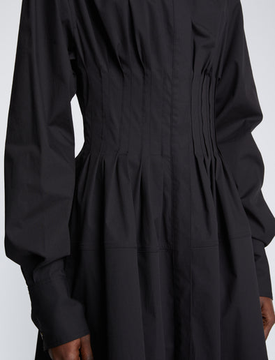 Detail image of model wearing Eco Poplin Shirt Dress in BLACK