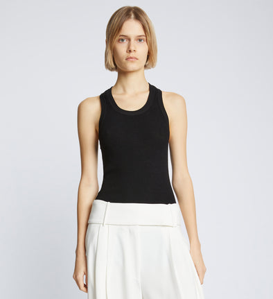 Front cropped image of model wearing Matte Viscose Rib Knit Tank in BLACK