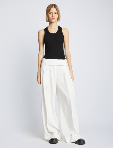 Front full length image of model wearing Matte Viscose Rib Knit Tank in BLACK
