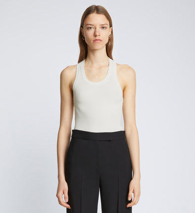 Front cropped image of model wearing Matte Viscose Rib Knit Tank in WHITE
