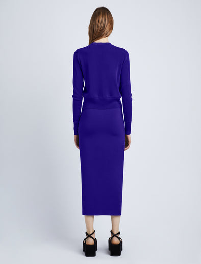Back full length image of model wearing Silk Viscose Knit Skirt in COBALT