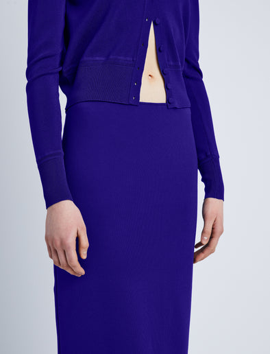 Detail image of model wearing Silk Viscose Knit Skirt in COBALT
