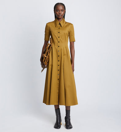 Front full length image of model wearing Silk Cotton Shirt Dress in FATIGUE