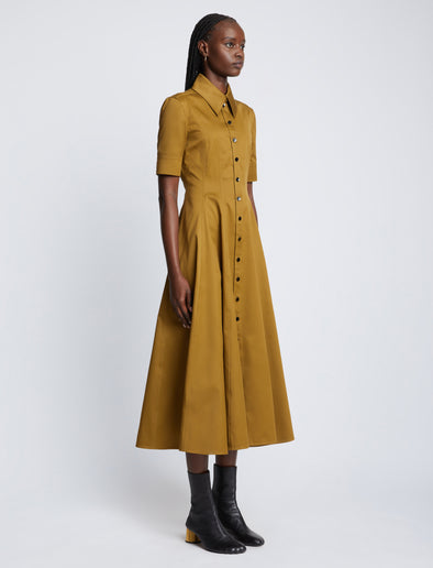 Side full length image of model wearing Silk Cotton Shirt Dress in FATIGUE