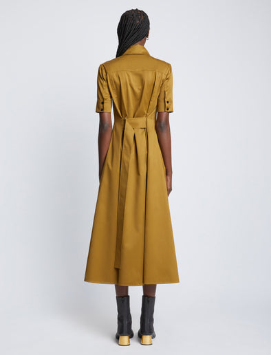 Back full length image of model wearing Silk Cotton Shirt Dress in FATIGUE