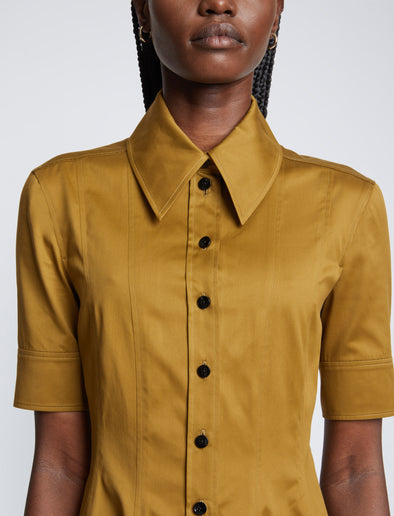 Detail image of model wearing Silk Cotton Shirt Dress in FATIGUE