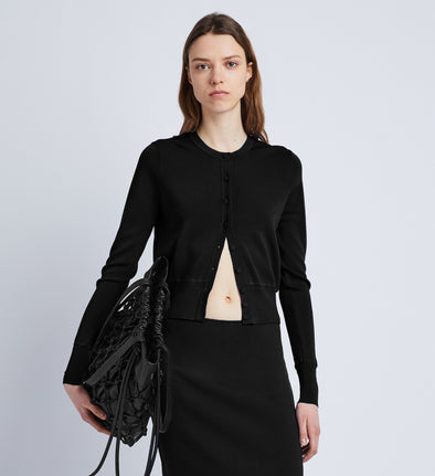 Front cropped image of model wearing Silk Viscose Cardigan in BLACK